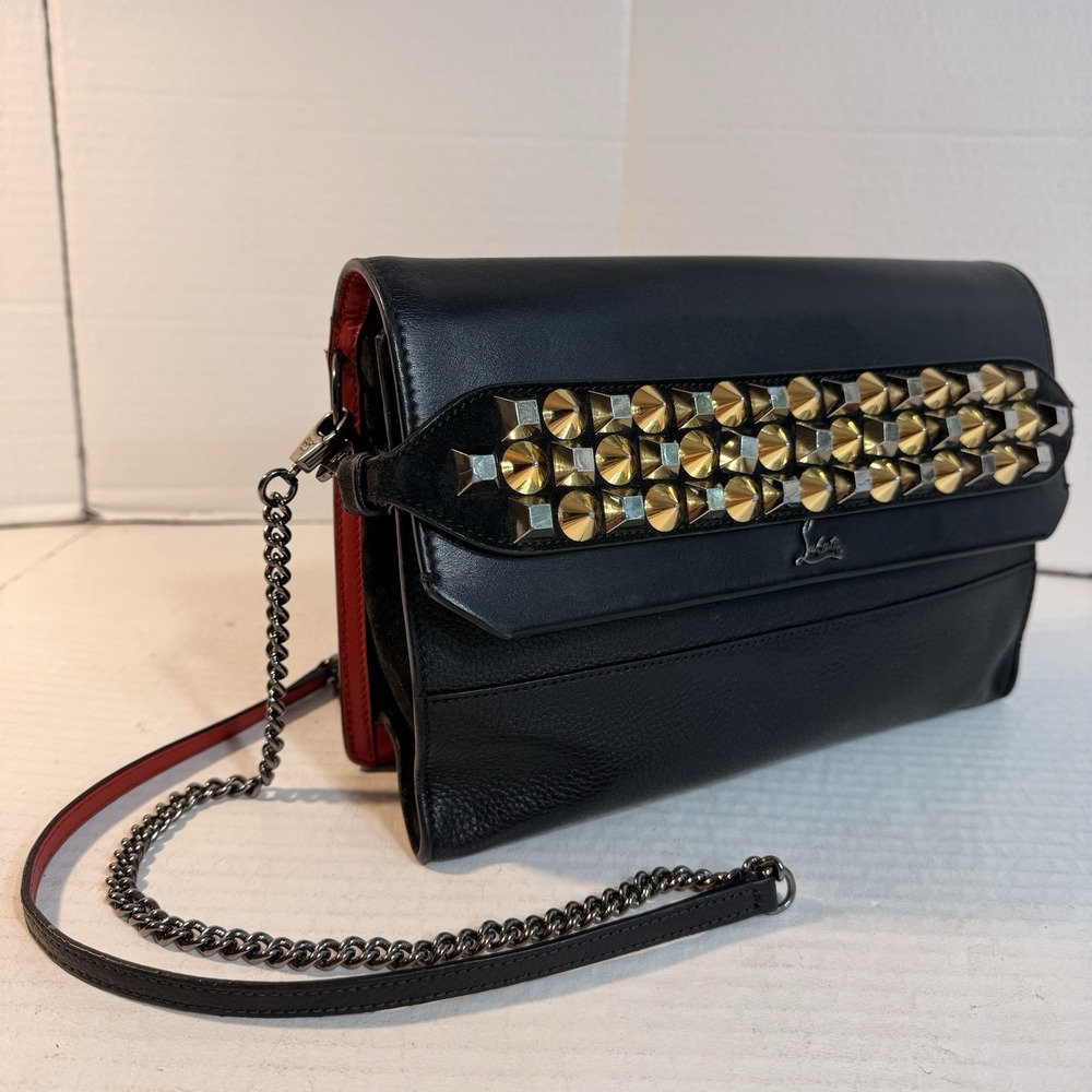 Christian Louboutin Loubiblues Black Leather Studded Chain Strap Clutch Bag Red